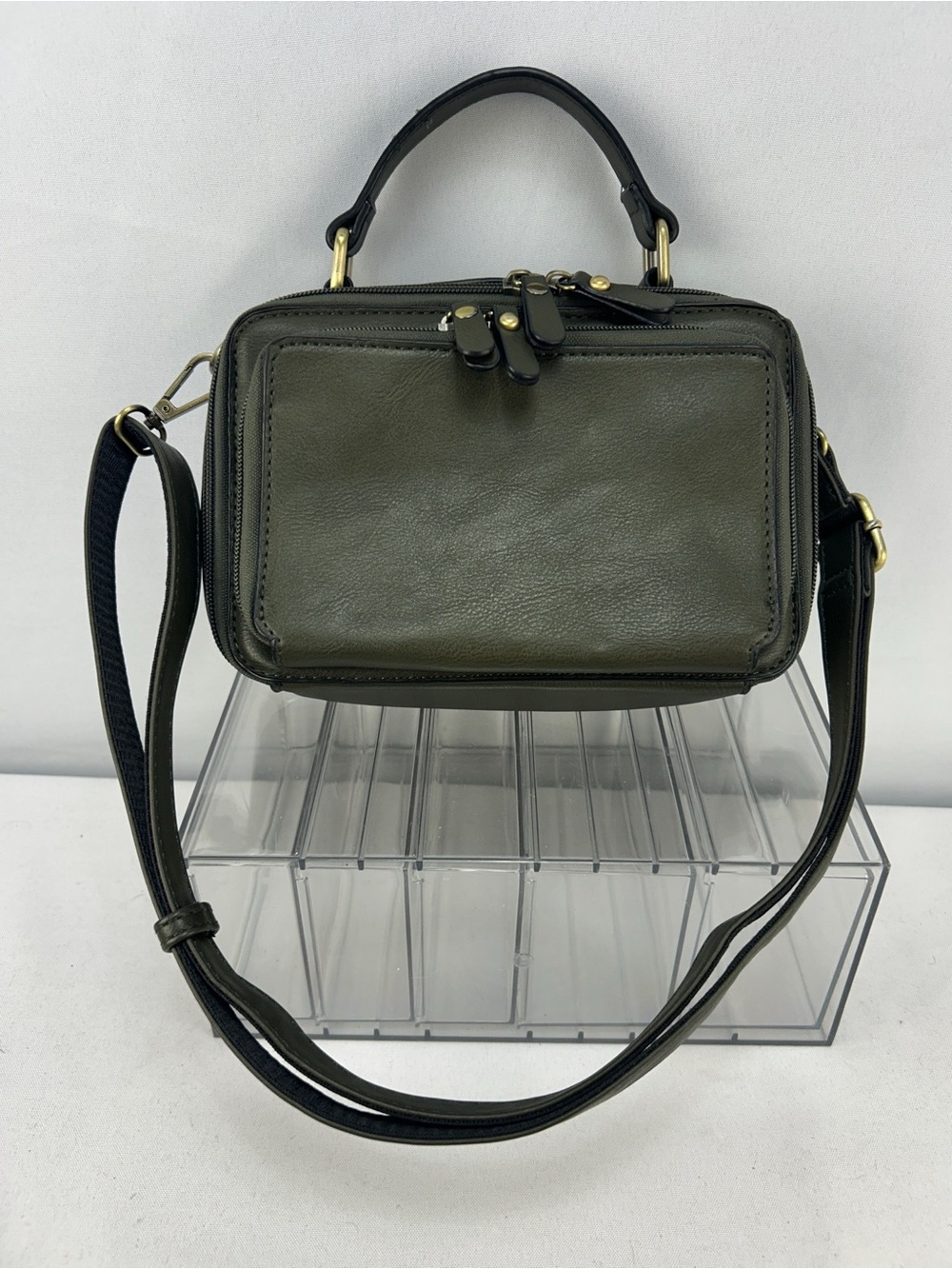 Compact Olive Green Leather Crossbody with Top Handle